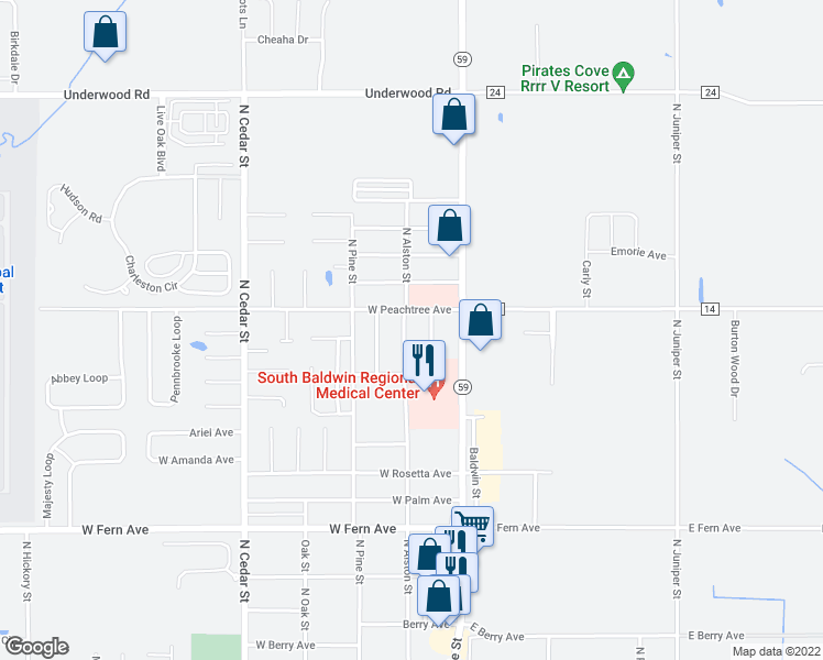map of restaurants, bars, coffee shops, grocery stores, and more near 1770 North Alston Street in Foley