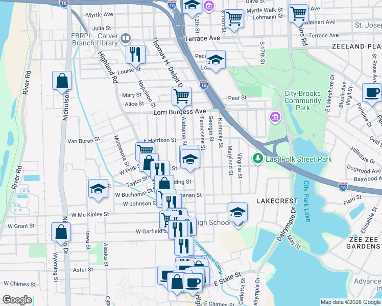 map of restaurants, bars, coffee shops, grocery stores, and more near 2165 Alabama Street in Baton Rouge