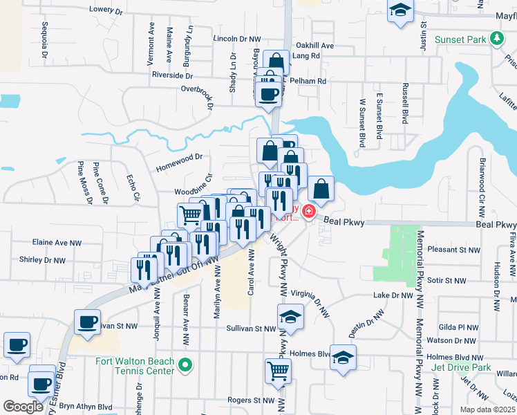 map of restaurants, bars, coffee shops, grocery stores, and more near 1861 Stella Lane in Fort Walton Beach