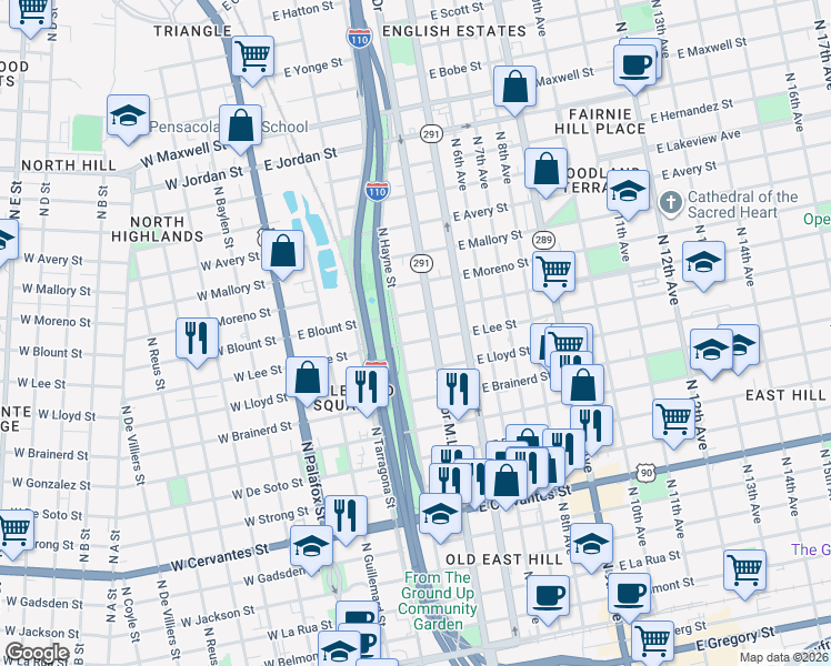 map of restaurants, bars, coffee shops, grocery stores, and more near 305 East Lee Street in Pensacola
