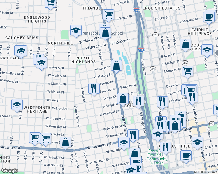 map of restaurants, bars, coffee shops, grocery stores, and more near 1421 North Baylen Street in Pensacola