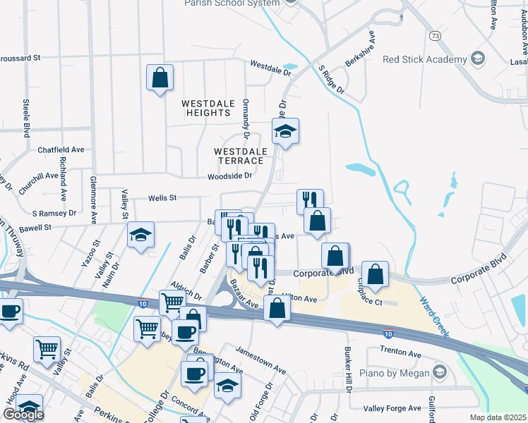 map of restaurants, bars, coffee shops, grocery stores, and more near 5351 Bankers Avenue in Baton Rouge