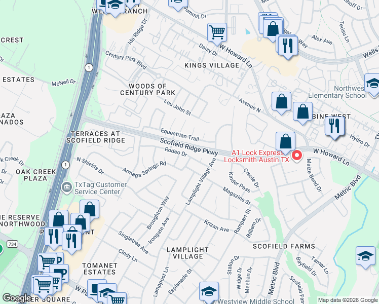 map of restaurants, bars, coffee shops, grocery stores, and more near 13313 Slow Poke Drive in Austin