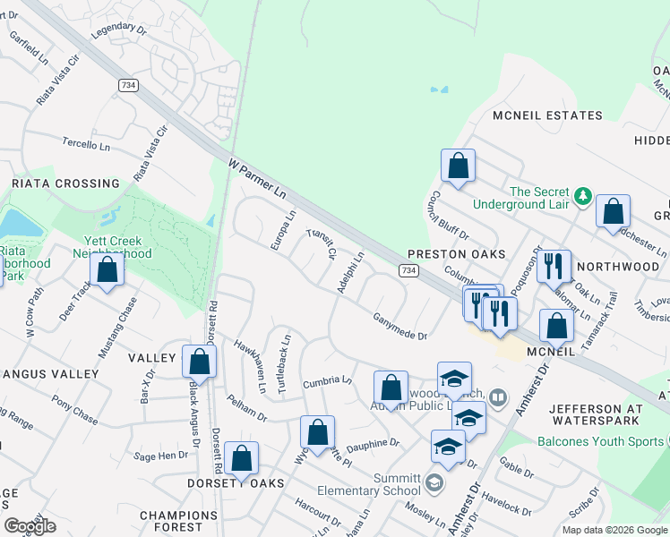 map of restaurants, bars, coffee shops, grocery stores, and more near 4702 Adelphi Lane in Austin