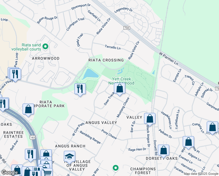 map of restaurants, bars, coffee shops, grocery stores, and more near 12311 West Cow Path in Austin