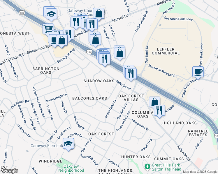 map of restaurants, bars, coffee shops, grocery stores, and more near 7001 Winedale Drive in Austin