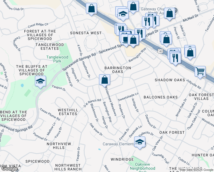 map of restaurants, bars, coffee shops, grocery stores, and more near 11501 Windermere Meadows in Austin