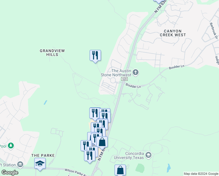 map of restaurants, bars, coffee shops, grocery stores, and more near 8708 1/2 Ranch to Market Road 620 in Austin