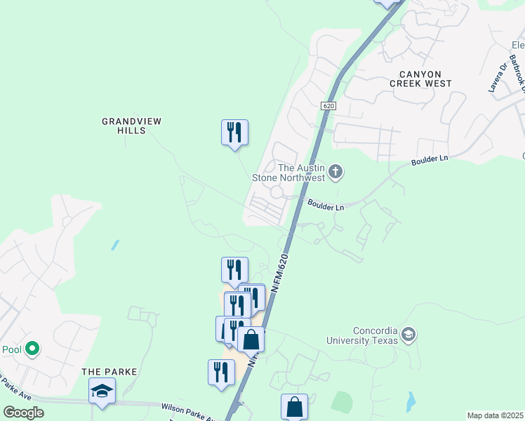 map of restaurants, bars, coffee shops, grocery stores, and more near 8708 1/2 Ranch Road 620 in Austin