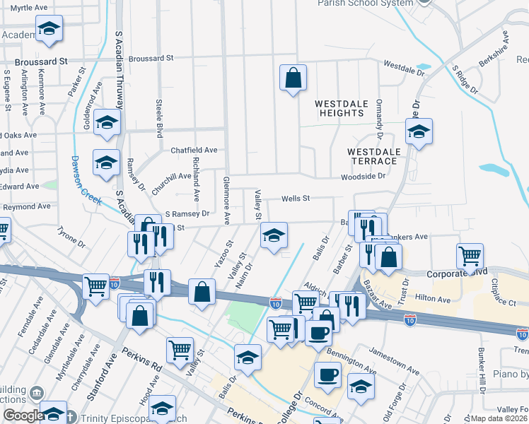 map of restaurants, bars, coffee shops, grocery stores, and more near 2296 Valley Street in Baton Rouge