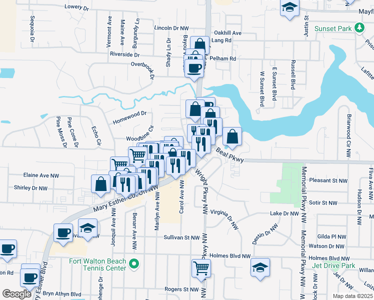 map of restaurants, bars, coffee shops, grocery stores, and more near 1861 Stella Lane in Fort Walton Beach