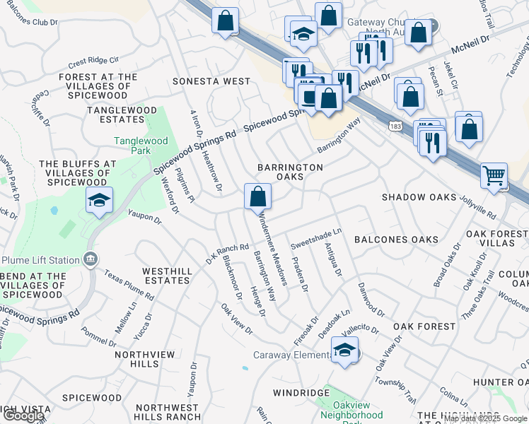 map of restaurants, bars, coffee shops, grocery stores, and more near 11501 Windermere Meadows in Austin