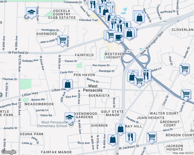 map of restaurants, bars, coffee shops, grocery stores, and more near 21 Norwood Drive in Pensacola