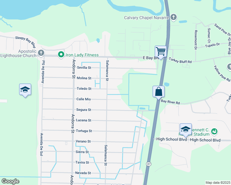 map of restaurants, bars, coffee shops, grocery stores, and more near 8374 Calle Mio in Navarre