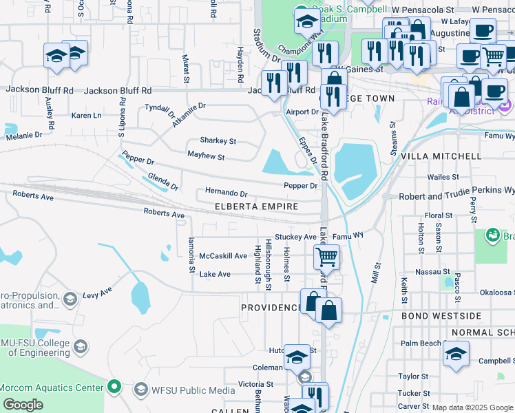 map of restaurants, bars, coffee shops, grocery stores, and more near 1420 Elberta Drive in Tallahassee