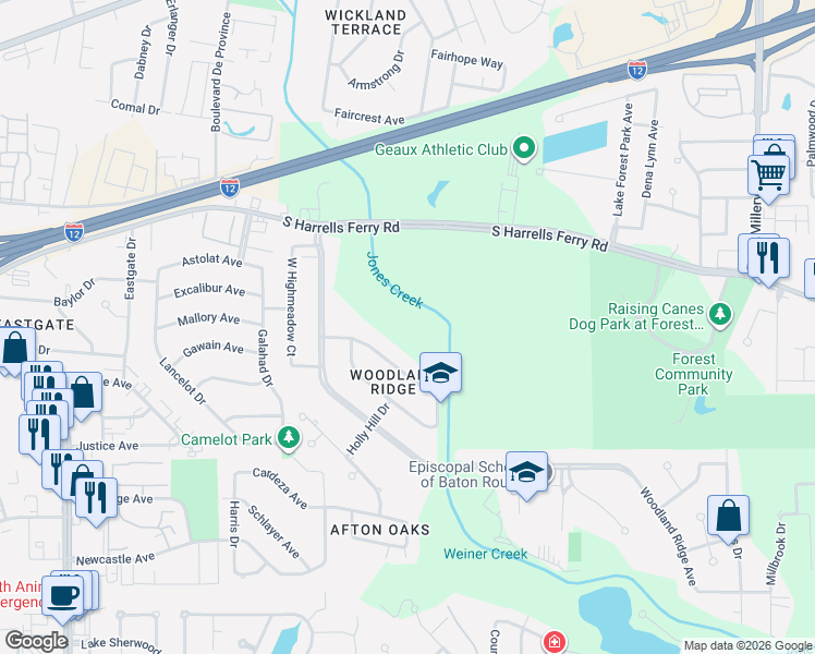 map of restaurants, bars, coffee shops, grocery stores, and more near 13013 Deerpath Way in Baton Rouge
