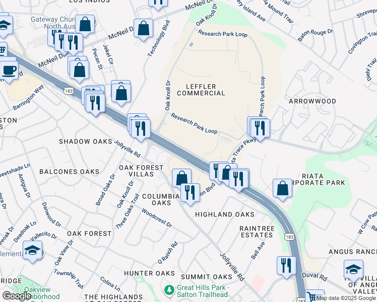 map of restaurants, bars, coffee shops, grocery stores, and more near 12301 Research Boulevard in Austin