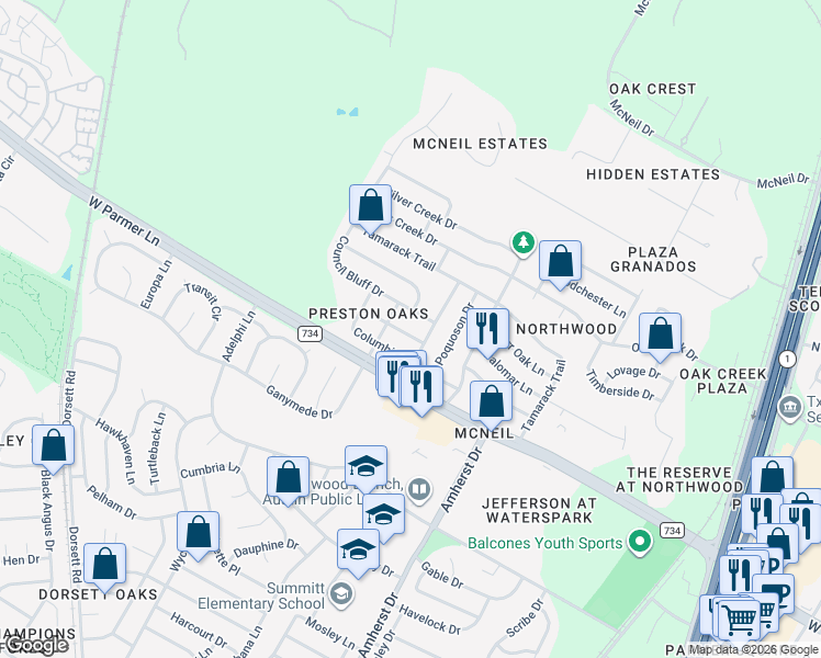 map of restaurants, bars, coffee shops, grocery stores, and more near 4212 Walling Forge Drive in Austin