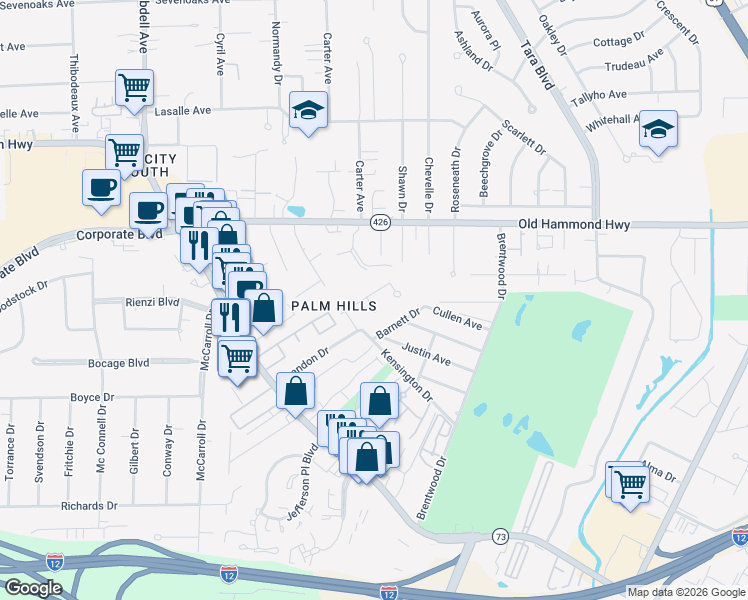 map of restaurants, bars, coffee shops, grocery stores, and more near 2440 Cameo Court in Baton Rouge