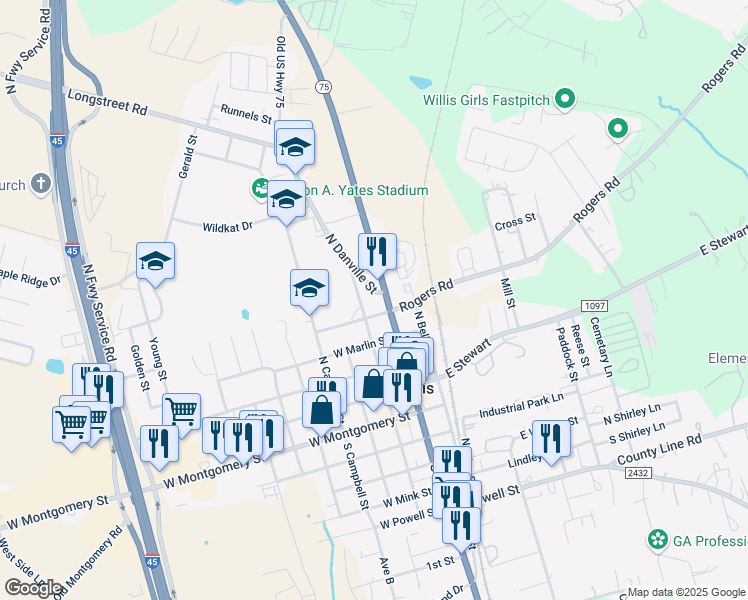 map of restaurants, bars, coffee shops, grocery stores, and more near 408 North Danville Street in Willis