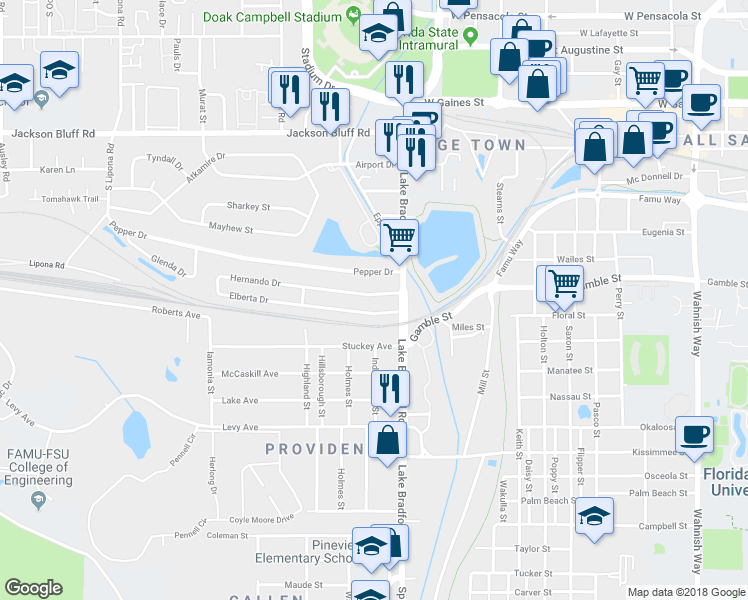 map of restaurants, bars, coffee shops, grocery stores, and more near 1223 Hernando Drive in Tallahassee