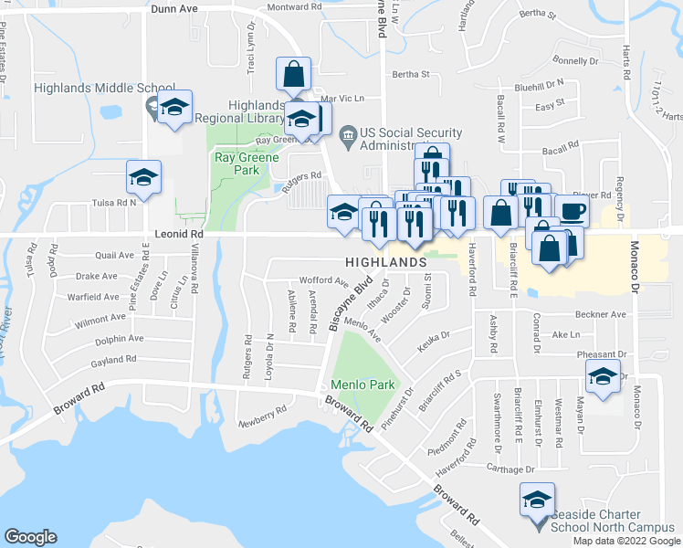 map of restaurants, bars, coffee shops, grocery stores, and more near 10580 Biscayne Boulevard in Jacksonville