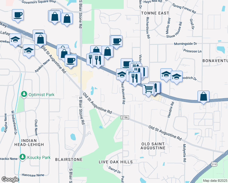 map of restaurants, bars, coffee shops, grocery stores, and more near 1350 Linda Ann Drive in Tallahassee