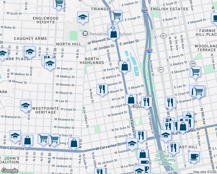 map of restaurants, bars, coffee shops, grocery stores, and more near 200 West Blount Street in Pensacola