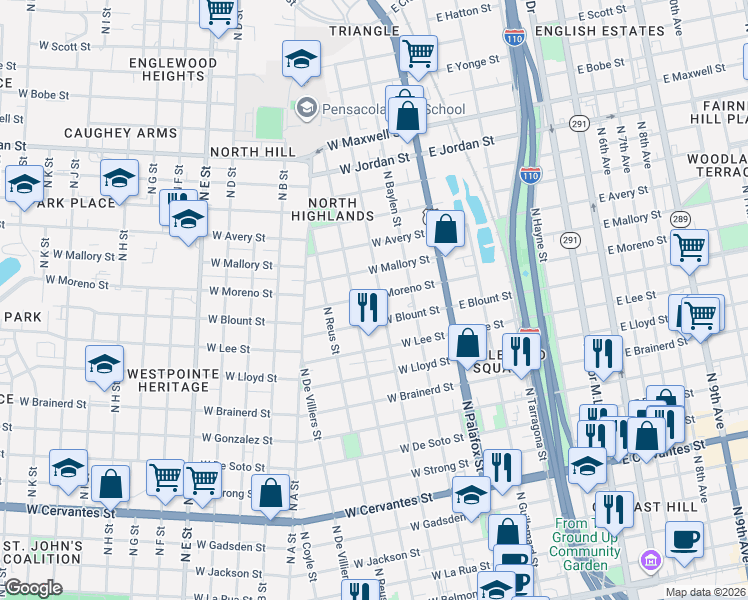map of restaurants, bars, coffee shops, grocery stores, and more near 200 West Blount Street in Pensacola