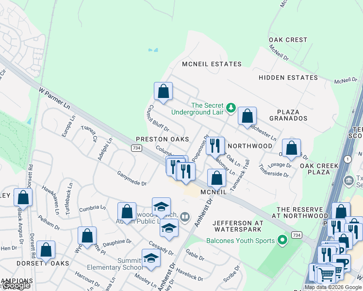 map of restaurants, bars, coffee shops, grocery stores, and more near 12713 War Path in Austin