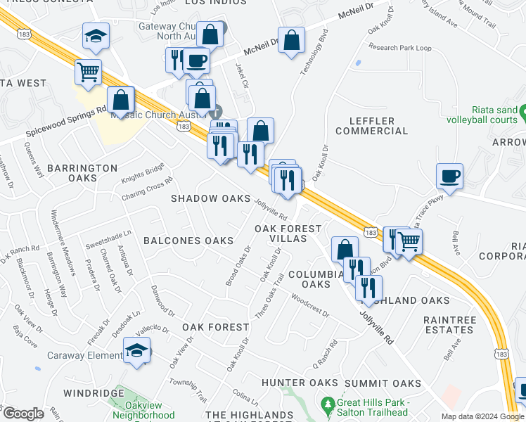 map of restaurants, bars, coffee shops, grocery stores, and more near 11900 Broad Oaks Drive in Austin