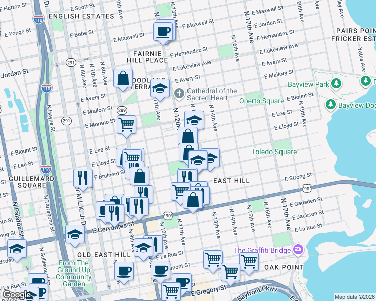 map of restaurants, bars, coffee shops, grocery stores, and more near 1212 North 12th Avenue in Pensacola