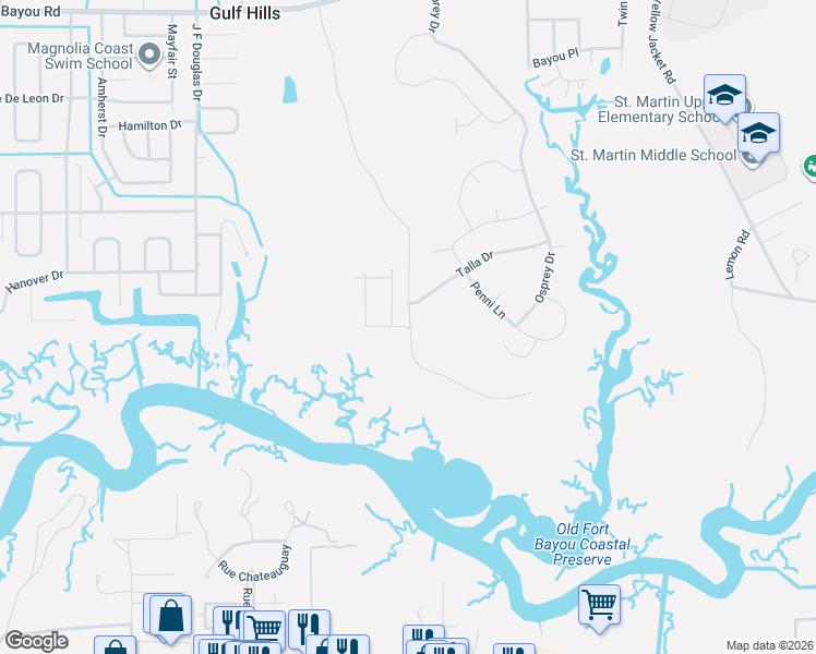 map of restaurants, bars, coffee shops, grocery stores, and more near Bayou Talla Road in Ocean Springs