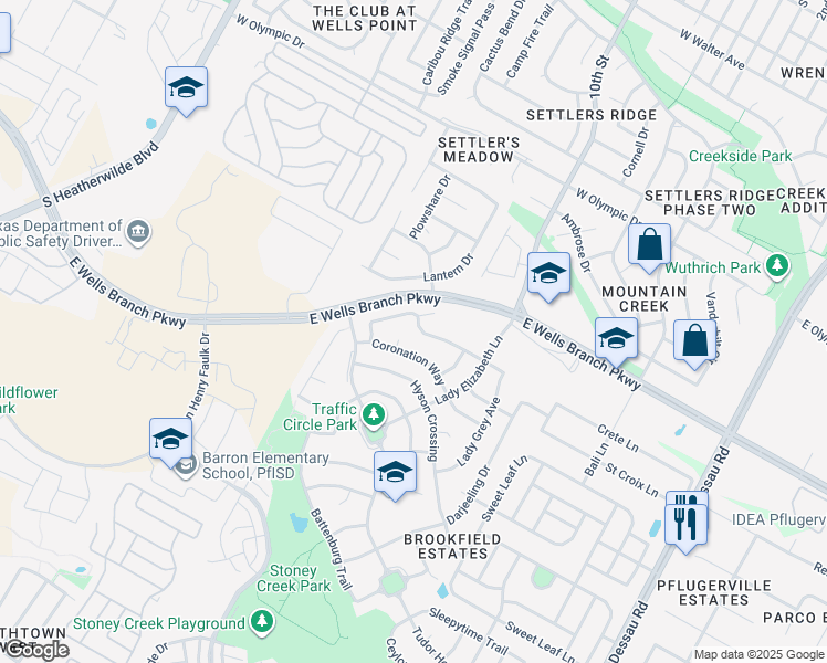 map of restaurants, bars, coffee shops, grocery stores, and more near 1104 Coronation Way in Pflugerville