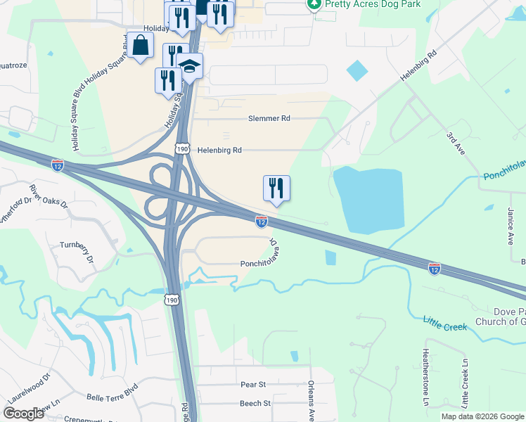 map of restaurants, bars, coffee shops, grocery stores, and more near 68500 Highway 190 Service Road in Covington