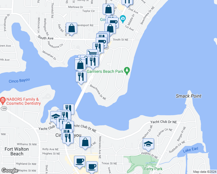 map of restaurants, bars, coffee shops, grocery stores, and more near 211 Greenbrier Drive Northeast in Fort Walton Beach