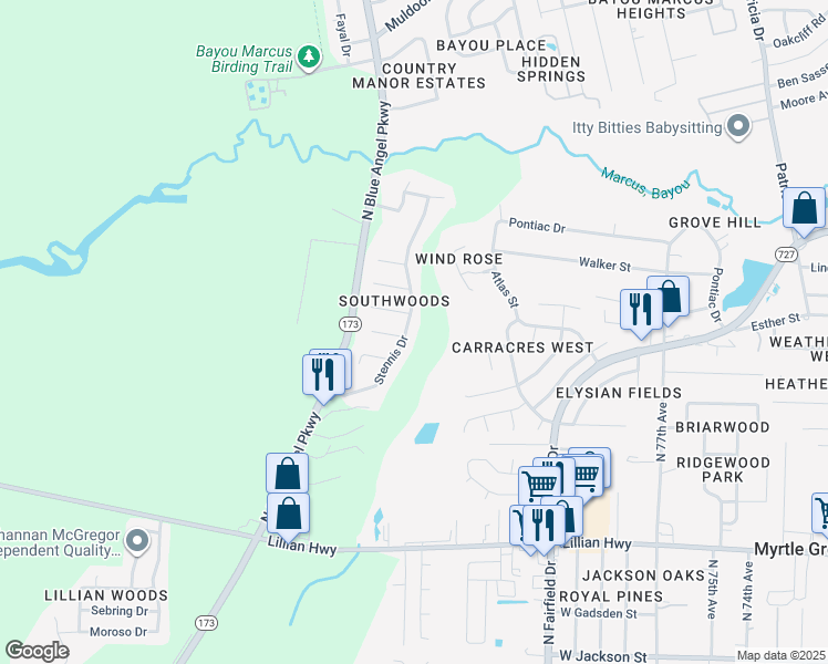 map of restaurants, bars, coffee shops, grocery stores, and more near 2080 Stennis Drive in Pensacola