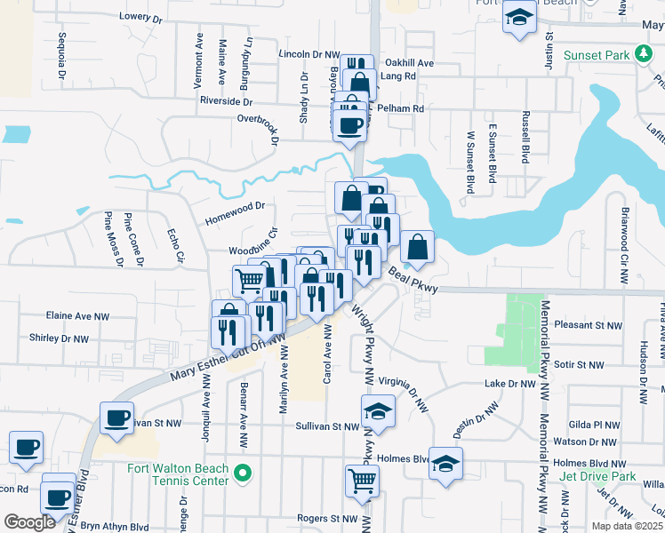 map of restaurants, bars, coffee shops, grocery stores, and more near 200 Pine Street in Fort Walton Beach