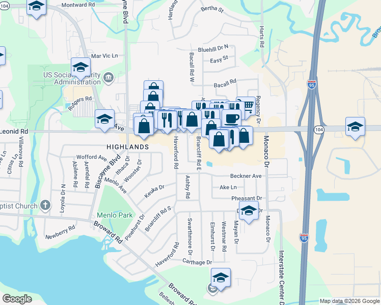 map of restaurants, bars, coffee shops, grocery stores, and more near 1202 Dunn Avenue in Jacksonville