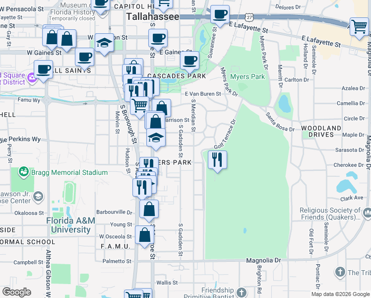 map of restaurants, bars, coffee shops, grocery stores, and more near 1434 South Meridian Street in Tallahassee