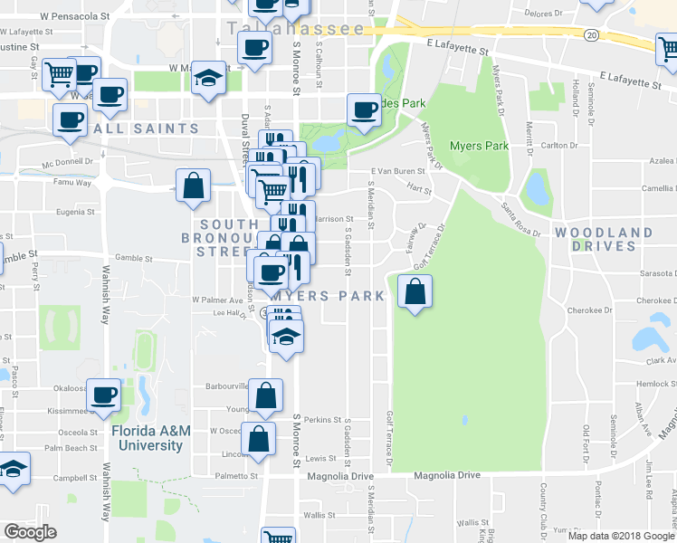 map of restaurants, bars, coffee shops, grocery stores, and more near 315 East Jennings Street in Tallahassee