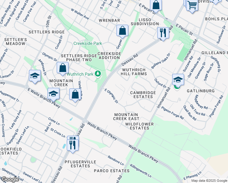 map of restaurants, bars, coffee shops, grocery stores, and more near 15711 Dessau Road in Pflugerville