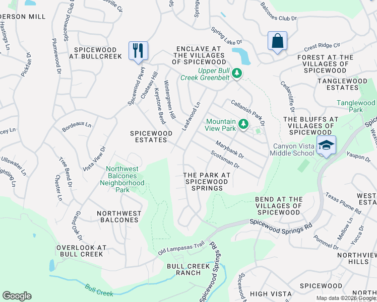 map of restaurants, bars, coffee shops, grocery stores, and more near 9108 Scotsman Drive in Austin
