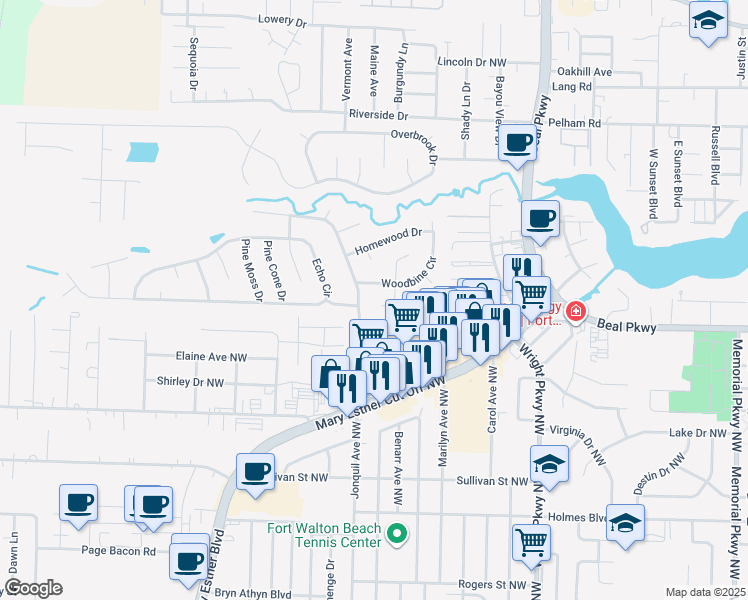 map of restaurants, bars, coffee shops, grocery stores, and more near 2 Forest Grove Place in Fort Walton Beach