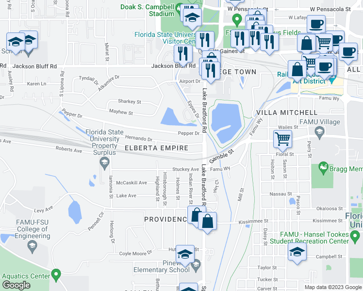 map of restaurants, bars, coffee shops, grocery stores, and more near 1233 Hernando Dr in Tallahassee