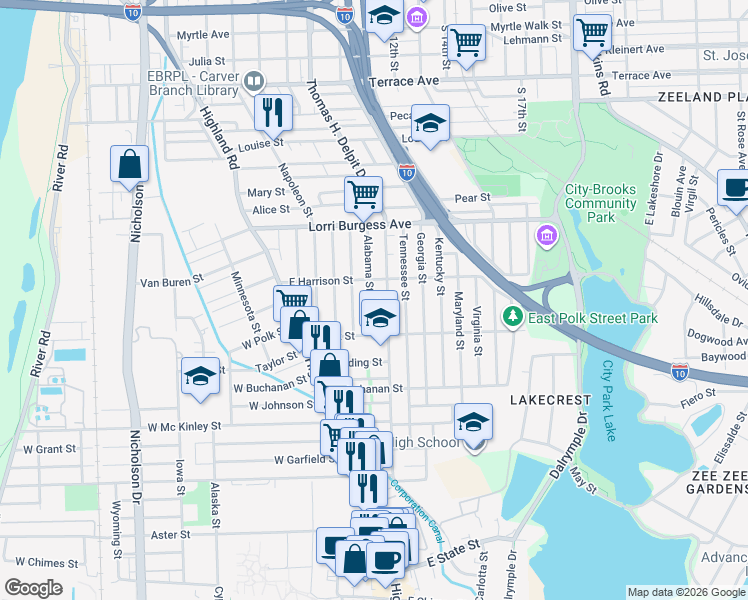 map of restaurants, bars, coffee shops, grocery stores, and more near 602 East Harrison Street in Baton Rouge