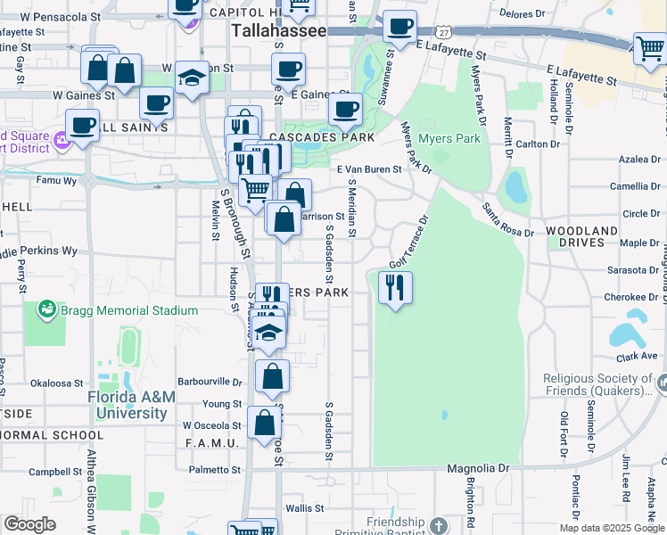 map of restaurants, bars, coffee shops, grocery stores, and more near 1501 South Gadsden Street in Tallahassee