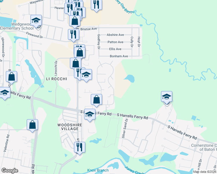map of restaurants, bars, coffee shops, grocery stores, and more near 16441 South Harrells Ferry Road in Baton Rouge