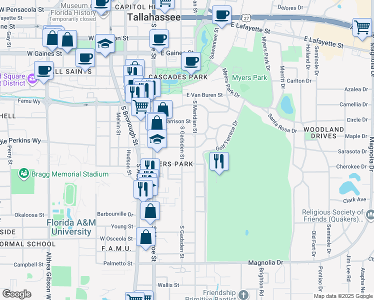 map of restaurants, bars, coffee shops, grocery stores, and more near 1434 South Meridian Street in Tallahassee