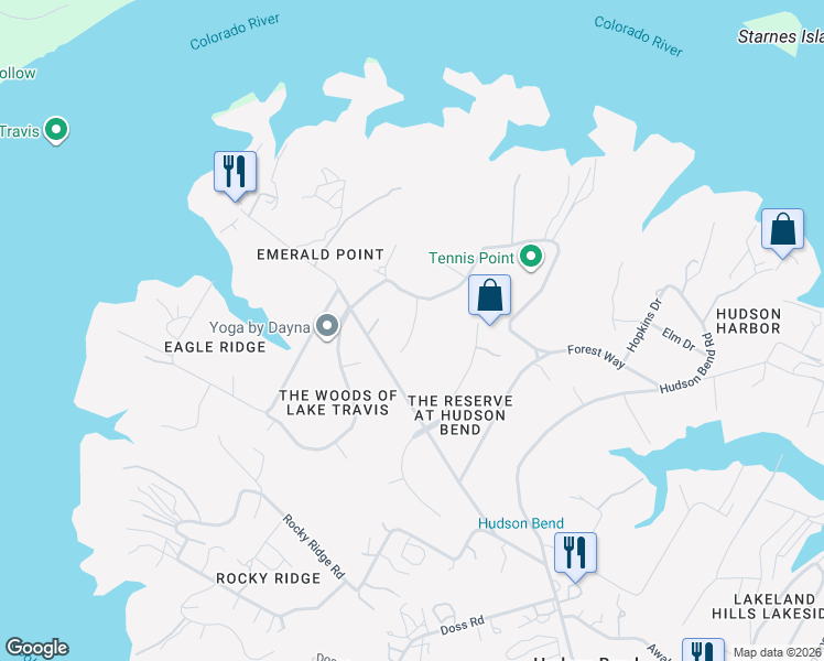 map of restaurants, bars, coffee shops, grocery stores, and more near 5910 Travis Woods Cove in Austin